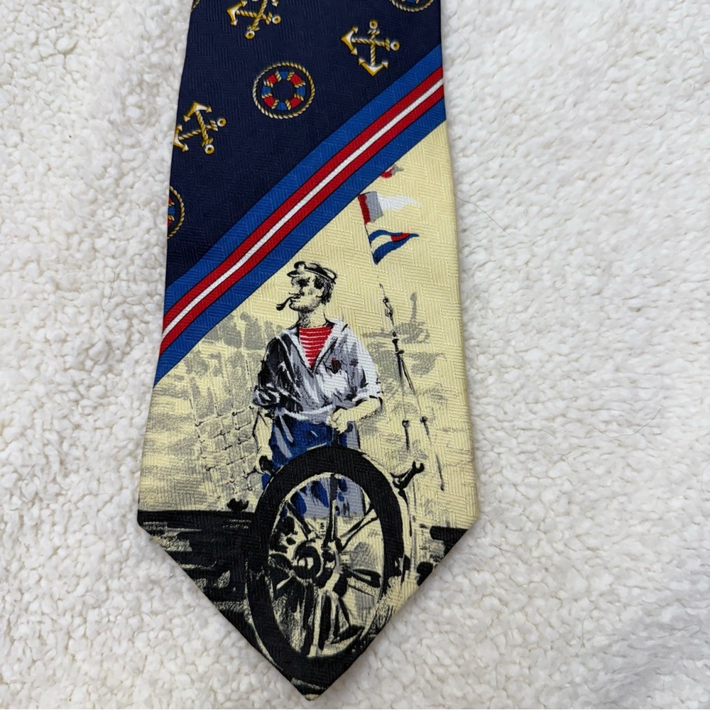 Vintage 80s Tommy Hilfiger Blue and Cream Silk Tie with Vintage Sailor Design